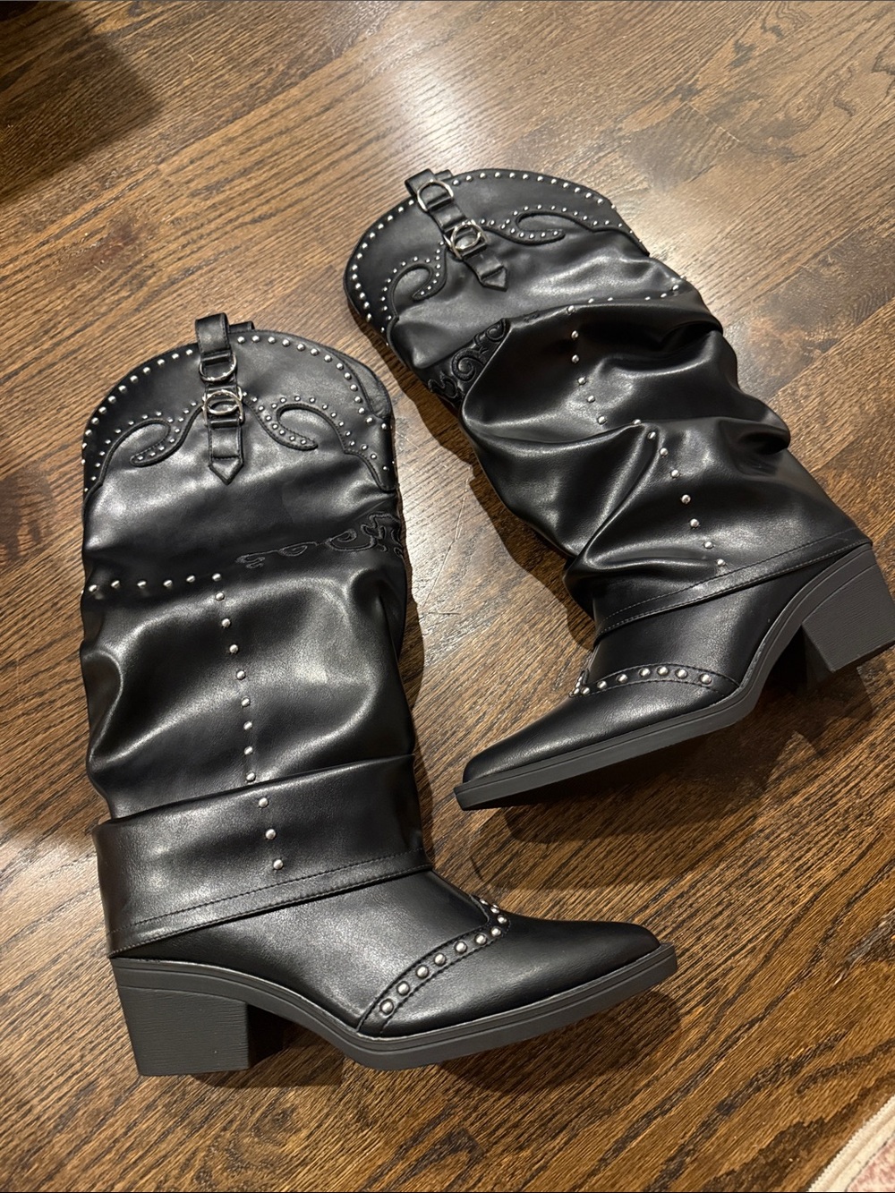 Studded Black Slouch Cowboy Boots - Women 7.5
